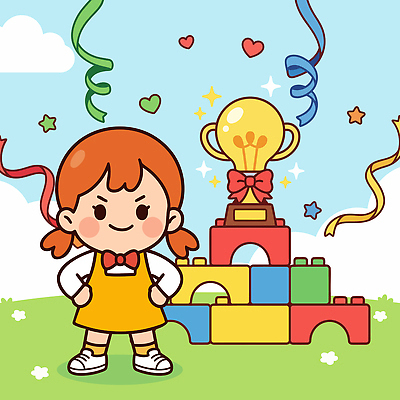 건축물 표정 사람 최고 상_우승 파일형식 벡터 어린이 블록 성 트로피 자랑 리본 우승 미소 창의력 국내일러스트 일러스트 AI파일