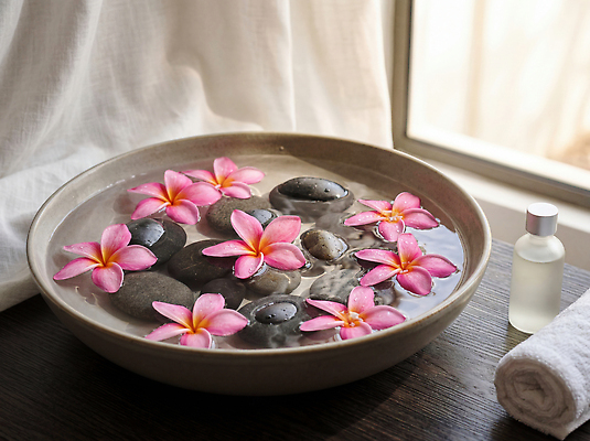 JPG 편집이미지 꽃 휴식 욕조 물 스파 돌 창가 플루메리아 편집실사 AI포토 AI콘텐츠 자연요소 식물 컨셉 창문 CG 파일형식