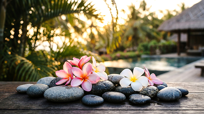 JPG 편집이미지 꽃 휴식 장식 스파 돌 풀 플루메리아 조화 편집실사 AI포토 AI콘텐츠 식물 컨셉 CG 파일형식