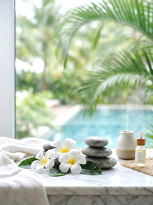 JPG 식물 편집이미지 꽃 탁자 휴식 수영장 장식 스파 돌 편안함 아로마 플루메리아 편집실사 AI포토 AI콘텐츠 가구 컨셉 감각 CG 파일형식