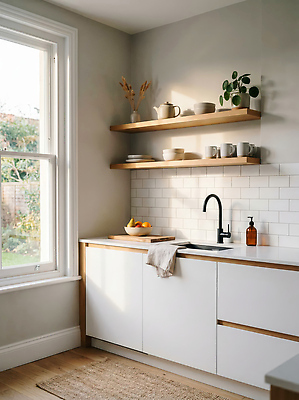 JPG 편집이미지 식기 과일 창문 주방용품 선반 밝음 인테리어 햇빛 주방 공간 가전제품 모던 편집실사 AI컴퓨터그래픽 AI콘텐츠 디자인 가구 생활용품 빛 CG 파일형식