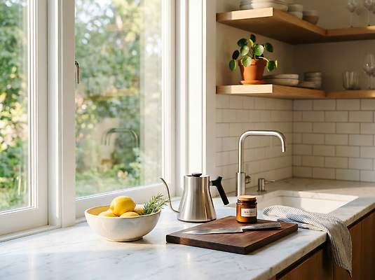 JPG 편집이미지 식기 과일 주전자 도마 인테리어 햇빛 주방 창가 모던 대리석 색감 편집실사 AI컴퓨터그래픽 AI콘텐츠 디자인 재료 창문 주방용품 빛 CG 파일형식