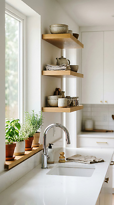 JPG 식물 편집이미지 그릇 화분 주방용품 아침 선반 인테리어 수건 햇빛 주방 싱크대 모던 편집실사 AI컴퓨터그래픽 AI콘텐츠 주간 식기 디자인 가구 생활용품 빛 위생용품 CG 개수대 파일형식