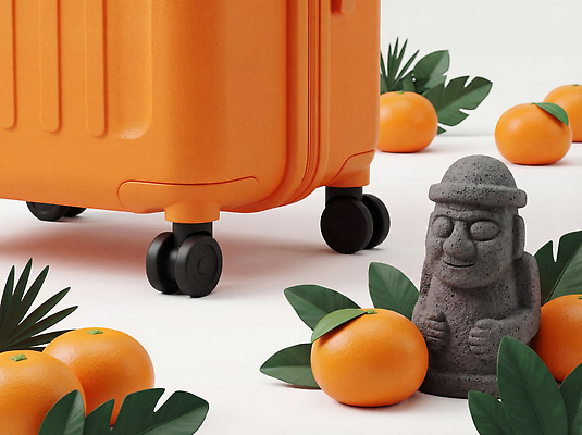 JPG 식물 편집이미지 여행 과일 휴가 귤 제주도 캐리어 주황색 석상 편집3D AI컴퓨터그래픽 AI콘텐츠 컬러 한국 3D 여행가방 파일형식