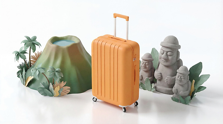 JPG 나무 편집이미지 여행 잎 가방 산 물 조각상 제주도 캐리어 공간 편집3D AI컴퓨터그래픽 AI콘텐츠 자연요소 식물 잡화 한국 조형물 3D 여행가방 파일형식