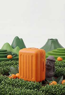 JPG 나무 편집이미지 여행 자연 귤 풍경 초록색 제주도 캐리어 주황색 돌하르방 언덕 편집3D AI컴퓨터그래픽 AI콘텐츠 식물 컬러 과일 한국 3D 여행가방 생태계 파일형식