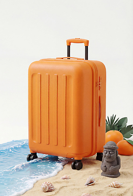 JPG 편집이미지 모래 파도 여행 가방 과일 해변 제주도 캐리어 주황색 주위 돌조각상 편집3D AI컴퓨터그래픽 AI콘텐츠 잡화 바다 컬러 한국 조각상 3D 여행가방 파일형식