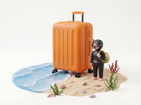 JPG 편집이미지 캐릭터 모래 여행 가방 물놀이 조개 해변 제주도 캐리어 장비 스노클링 물안경 해수욕 편집3D AI컴퓨터그래픽 AI콘텐츠 잡화 바다 놀이 휴가 어패류 한국 3D 여행가방 수상스포츠 수영용품 파일형식