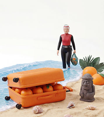 JPG 편집이미지 모래 여행 과일 자연 사람 해변 물 조각상 제주도 캐리어 수확 편집3D AI컴퓨터그래픽 AI콘텐츠 자연요소 바다 농업 한국 조형물 3D 여행가방 생태계 파일형식