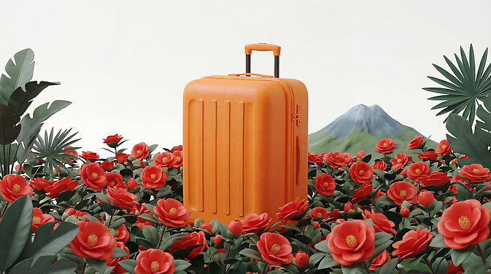 JPG 식물 편집이미지 여행 꽃밭 가방 배낭 자연 휴가 산 풍경 제주도 정원 캐리어 주황색 준비 출발 편집3D AI컴퓨터그래픽 AI콘텐츠 잡화 꽃 컬러 컨셉 한국 3D 여행가방 생태계 파일형식