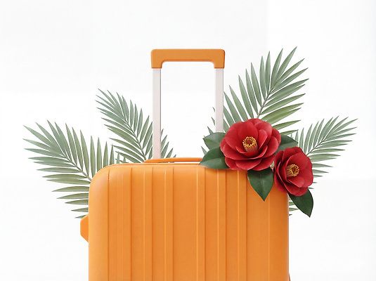 JPG 편집이미지 꽃 여행 가방 자연 휴가 나뭇잎 제주도 캐리어 주황색 편집3D AI컴퓨터그래픽 AI콘텐츠 식물 잡화 컬러 잎 한국 3D 여행가방 생태계 파일형식