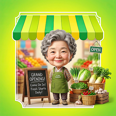 PSD 편집이미지 할머니 채소 과일 고추 마늘 상점 신선 무 상인 배추 환영 개업 차양막 소상공인 소상공인의날 이미지편집 직업 여자 노년 뿌리채소 경제 차양 파일형식