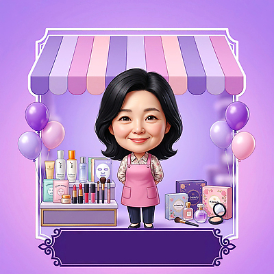 PSD 편집이미지 캐릭터 여자 미소 쇼핑 화장 판매 상점 화장품 상품 풍선 기초화장품 차양막 소상공인 소상공인의날 이미지편집 직업 표정 사람 경제 뷰티 상인 차양 파일형식