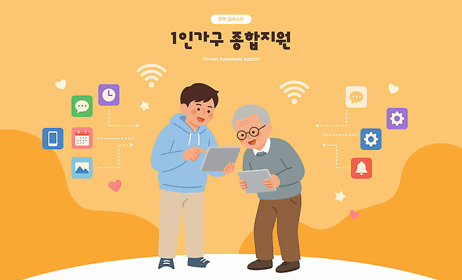 노년 남자 일러스트 대화 생활 태블릿 정보 도움 사회복지 상담 자취 정책 지원 프로그램 국내일러스트 AI파일 컨셉 말하기 사람 성인 전자제품 스마트기기 복지 파일형식 벡터