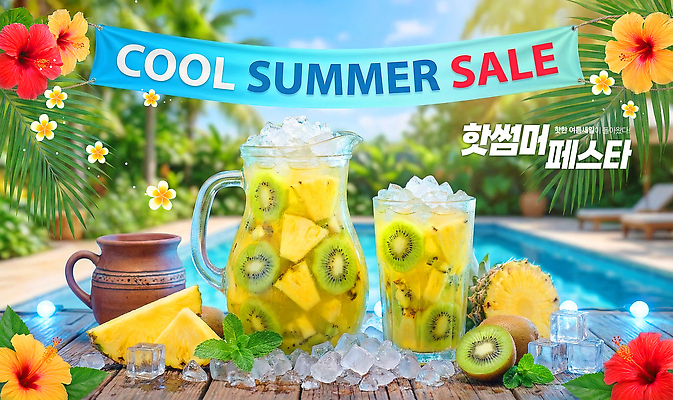 PSD 편집이미지 음료 과일 수영장 키위 이벤트 컵 여름 야자수 햇빛 세일 파인애플 열대과일 야자수잎 청량음료 이미지편집 나무 식기 계절 잎 빛 파일형식