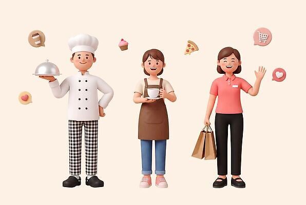 PSD 편집이미지 직업 접시 커피 음료 음식 가방 노동자 쇼핑 요리사 직원 바리스타 근로자의날 소상공인 편집3D 식기 잡화 기념일 경제 3D 상인 파일형식