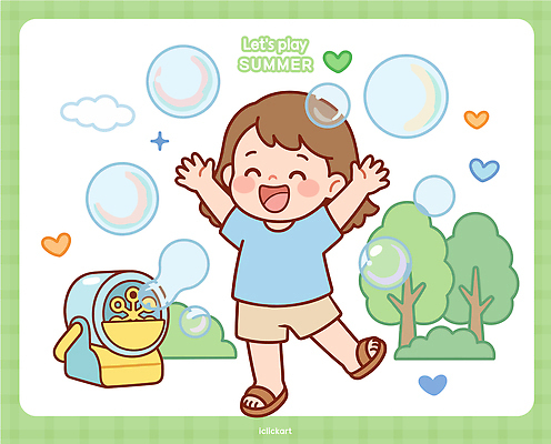 나무 행복 어린이 일러스트 자연 놀이 하늘 웃음 여름 장난감 거품 비눗방울 시원함 즐거움 국내일러스트 AI파일 식물 계절 감정 표정 사람 생태계 파일형식 벡터