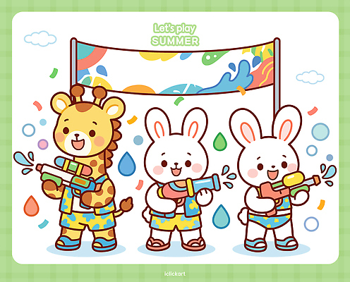 캐릭터 수영복 어린이 일러스트 물놀이 놀이 웃음 이벤트 취미 여름 게임 토끼 기린 즐거움 물총 국내일러스트 AI파일 옷 계절 감정 포유류 표정 사람 반려동물 파일형식 벡터