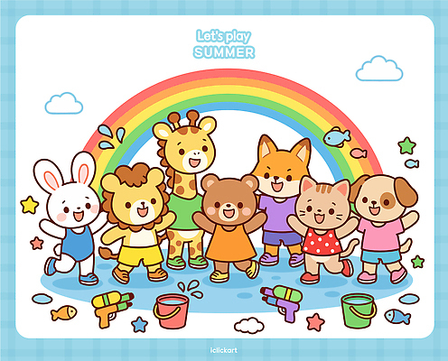 동물 컬러 무지개 일러스트 곰 물놀이 놀이 웃음 여름 친구 장난감 고양이 모임 토끼 강아지 사자 양동이 기린 즐거움 여우 물총 국내일러스트 AI파일 자연요소 계절 감정 포유류 관계 표정 반려동물 개 파일형식 벡터