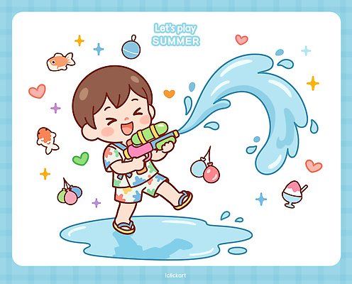 어린이 일러스트 물놀이 놀이 웃음 물 여름 장난감 즐거움 놀기 물총 국내일러스트 AI파일 자연요소 계절 감정 모션 표정 사람 파일형식 벡터