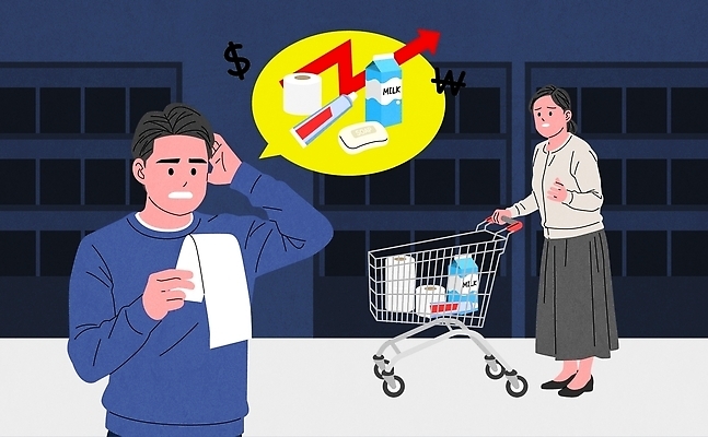 여자 남자 음식 일러스트 일상 경제 쇼핑 장보기 물가 소비 상품 가격 사회이슈 고객 장바구니 걱정 슈퍼마켓 계산서 생활비 인플레이션 국내일러스트 AI파일 감정 컨셉 사람 풍경 라이프 바구니 상점 파일형식 벡터