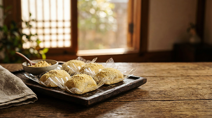 전통 음식 떡 쟁반 목재 CG 파일형식 AI콘텐츠 나무쟁반 한식 전통음식 디저트 JPG AI포토 편집실사 편집이미지 인절미 카스테라떡