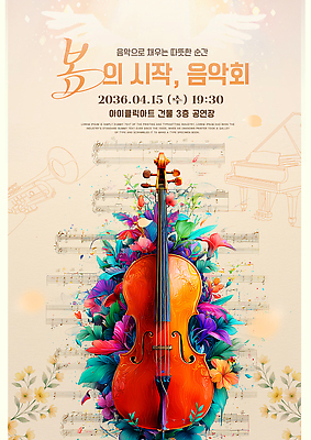 템플릿 악기 음악 연주 봄 공연 클래식 4월 공연장 바이올린 음악회 사전예약 이미지템플릿 AI파일 계절 컨셉 현악기 문화예술 이벤트 날짜 극장 예약 파일형식 벡터