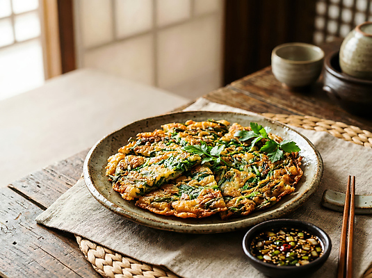 JPG 편집이미지 전통 한식 음식 채소 탁자 한국 요리 전 간장 부침개 미나리 편집실사 AI포토 AI콘텐츠 아시아 가구 양념 CG 파일형식