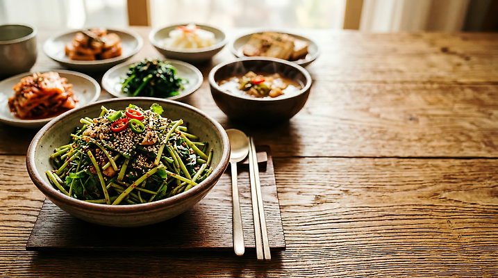 JPG 편집이미지 한식 채소 탁자 반찬 요리 식사 미나리 미나리무침 편집실사 AI포토 AI콘텐츠 음식 가구 CG 무침 파일형식