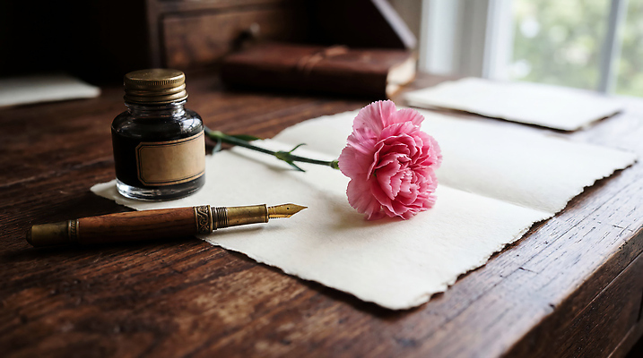 JPG 나무 편집이미지 꽃 꽃다발 문구용품 필기구 만년필 편지지 카네이션 책상 잉크통 편집실사 AI포토 AI콘텐츠 식물 가구 통 펜 편지 CG 오브젝트 파일형식