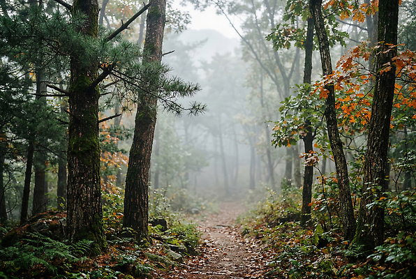 JPG 나무 편집이미지 길 잎 자연 나뭇잎 산 풍경 산책 안개 숲 조용 편집실사 AI컴퓨터그래픽 AI콘텐츠 식물 날씨 휴식 CG 생태계 파일형식