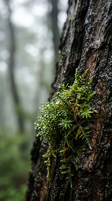 JPG 나무 식물 편집이미지 자연 이끼 초록색 환경 안개 물방울 나뭇가지 숲속 숲 편집실사 AI컴퓨터그래픽 AI콘텐츠 컬러 날씨 CG 생태계 파일형식