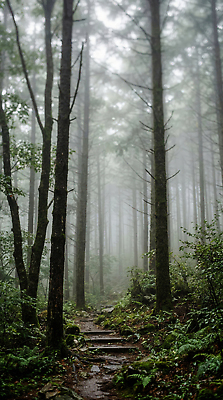 JPG 나무 식물 편집이미지 길 자연 이끼 풍경 환경 산책로 습기 안개 숲속 숲 수목 편집실사 AI컴퓨터그래픽 AI콘텐츠 날씨 CG 생태계 파일형식