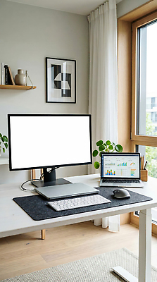 JPG 식물 편집이미지 디자인 노트북 컴퓨터 사무실 모니터 깨끗함 공간 키보드 마우스 책상 모던 재택근무 편집실사 AI컴퓨터그래픽 AI콘텐츠 가구 컨셉 비즈니스 전자제품 컴퓨터용품 CG 파일형식