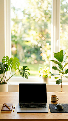 JPG 식물 편집이미지 커피 노트북 햇빛 공간 방 창가 책상 재택근무 편집실사 AI컴퓨터그래픽 AI콘텐츠 음료 가구 비즈니스 창문 전자제품 빛 CG 파일형식