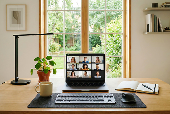 JPG 나무 식물 편집이미지 커피 창문 조명 여러명 컴퓨터 공간 키보드 메모지 마우스 업무 책상 재택근무 온라인 화상통화 편집실사 AI컴퓨터그래픽 AI콘텐츠 음료 가구 다수 비즈니스 사람 전자제품 컴퓨터용품 사무용품 작업 CG 통화 파일형식