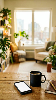 JPG 식물 편집이미지 커피 거실 창문 탁자 집안 북유럽스타일 일상 생활 스마트폰 햇빛 공간 재택근무 편집실사 AI컴퓨터그래픽 AI콘텐츠 음료 가구 비즈니스 실내 라이프 빛 핸드폰 스마트기기 CG 스타일 파일형식