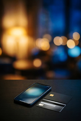 JPG 편집이미지 탁자 조명 기술 핸드폰 어둠 방 신용카드 오브젝트 장면 핀테크 이미지편집 AI컴퓨터그래픽 AI콘텐츠 가구 모바일 금융 전자제품 파일형식