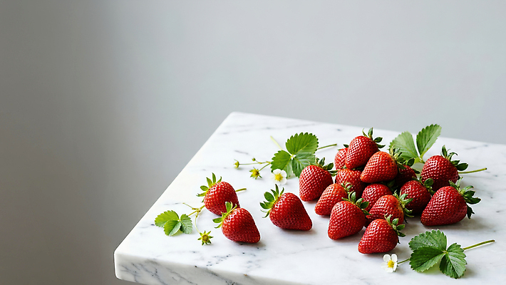 JPG 편집이미지 꽃 음식 잎 과일 탁자 딸기 신선 대리석 편집실사 AI컴퓨터그래픽 AI콘텐츠 식물 가구 재료 CG 파일형식