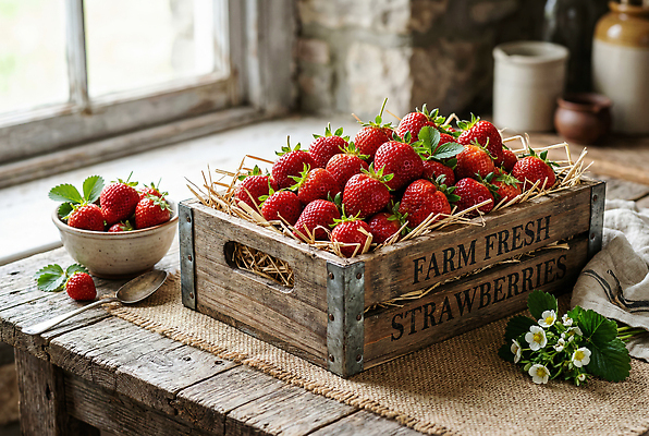 JPG 편집이미지 음식 과일 창문 식탁 탁자 딸기 건강 빛 신선 나무상자 편집실사 AI컴퓨터그래픽 AI콘텐츠 가구 상자 CG 파일형식