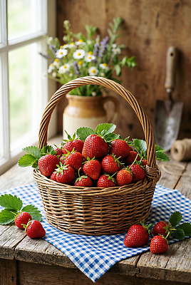 JPG 나무 편집이미지 꽃 창문 탁자 딸기 실내 바구니 꽃병 편집실사 AI컴퓨터그래픽 AI콘텐츠 식물 가구 과일 내부 CG 파일형식