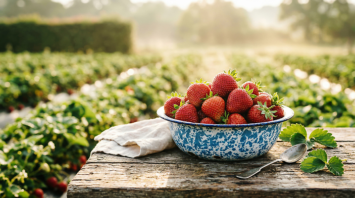 JPG 편집이미지 잎 과일 자연 딸기 아침 햇빛 농장 농사 나무탁자 딸기밭 편집실사 AI컴퓨터그래픽 AI콘텐츠 주간 식물 밭 농업 탁자 빛 CG 생태계 파일형식