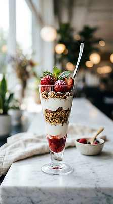 JPG 편집이미지 식탁 딸기 디저트 컵 카페 파르페 요거트 그래놀라 맛있는 편집실사 AI컴퓨터그래픽 AI콘텐츠 식기 음식 과일 탁자 유제품 상점 CG 파일형식