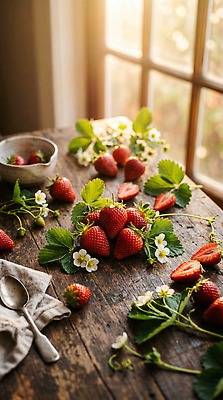 JPG 편집이미지 꽃 음식 과일 자연 탁자 딸기 햇빛 편집실사 AI컴퓨터그래픽 AI콘텐츠 식물 가구 빛 CG 생태계 파일형식