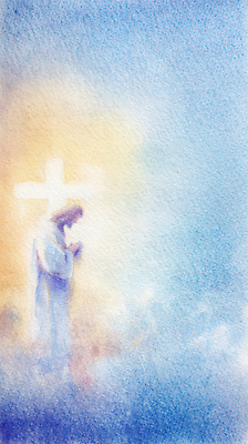 JPG 남자 종교 십자가 일러스트 하늘 수채화 사람 파란색 믿음 희망 고요 기도 예수 영혼 그림 예배 장면 위로 국내일러스트 AI일러스트 AI콘텐츠 감정 컬러 신_종교 파일형식