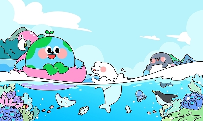 캐릭터 지구 바다 일러스트 자연 하늘 생물 어류 환경 수중 수영 수중동물 물개 즐거움 펭귄 가오리 플라밍고튜브 벨루가 국내일러스트 AI파일 동물 감정 포유류 조류 바다동물 수상스포츠 고래 생태계 튜브 파일형식 벡터