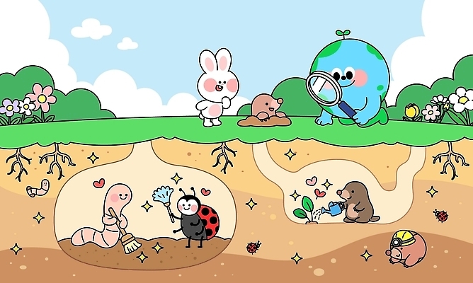 식물 캐릭터 지구 곤충 일러스트 생물 친구 환경 흙 토끼 관찰 벌레 물주기 무당벌레 지렁이 돌봄 두더지 땅굴 땅속 국내일러스트 AI파일 동물 포유류 관계 모션 반려동물 파일형식 벡터