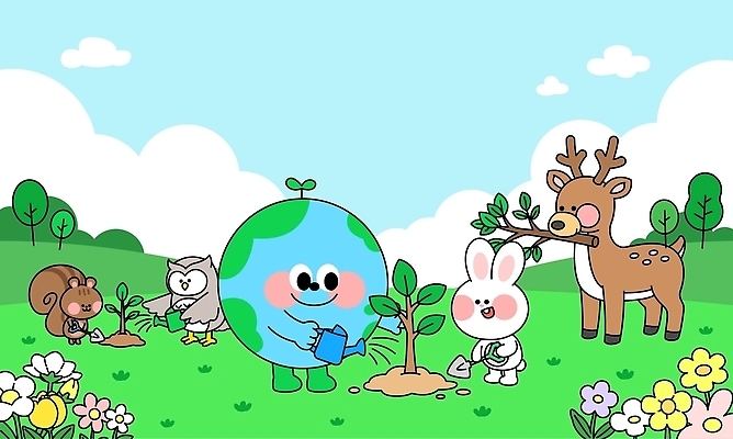 나무 식물 동물 캐릭터 지구 일러스트 자연 하늘 협력 사슴 환경 토끼 물주기 다람쥐 부엉이 동산 심기 국내일러스트 AI파일 포유류 모션 조류 반려동물 설치류 생태계 파일형식 벡터