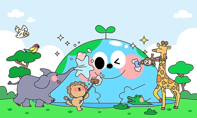 나무 동물 캐릭터 지구 일러스트 하늘 코끼리 함께함 웃음 친구 세계 귀여움 환경 원숭이 사자 청소 기린 즐거움 앵무새 악어 닦기 국내일러스트 AI파일 식물 감정 컨셉 포유류 관계 파충류 모션 조류 표정 파일형식 벡터
