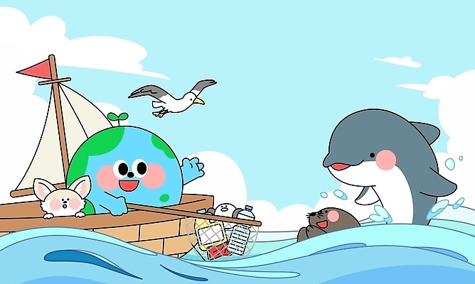 캐릭터 지구 바다 일러스트 갈매기 항해 웃음 물 친구 자연보호 환경 수중동물 뜰채 배 쓰레기 돛단배 플라스틱 물개 돌고래 에코 사막여우 국내일러스트 AI파일 자연요소 동물 포유류 관계 자연 재질 조류 표정 바다동물 낚시용품 보호 여우 선박 파일형식 벡터